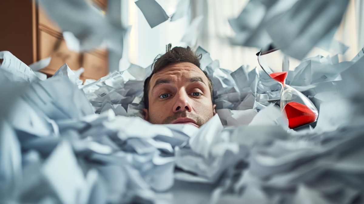 Office worker that is surrounded by documents falling all around them